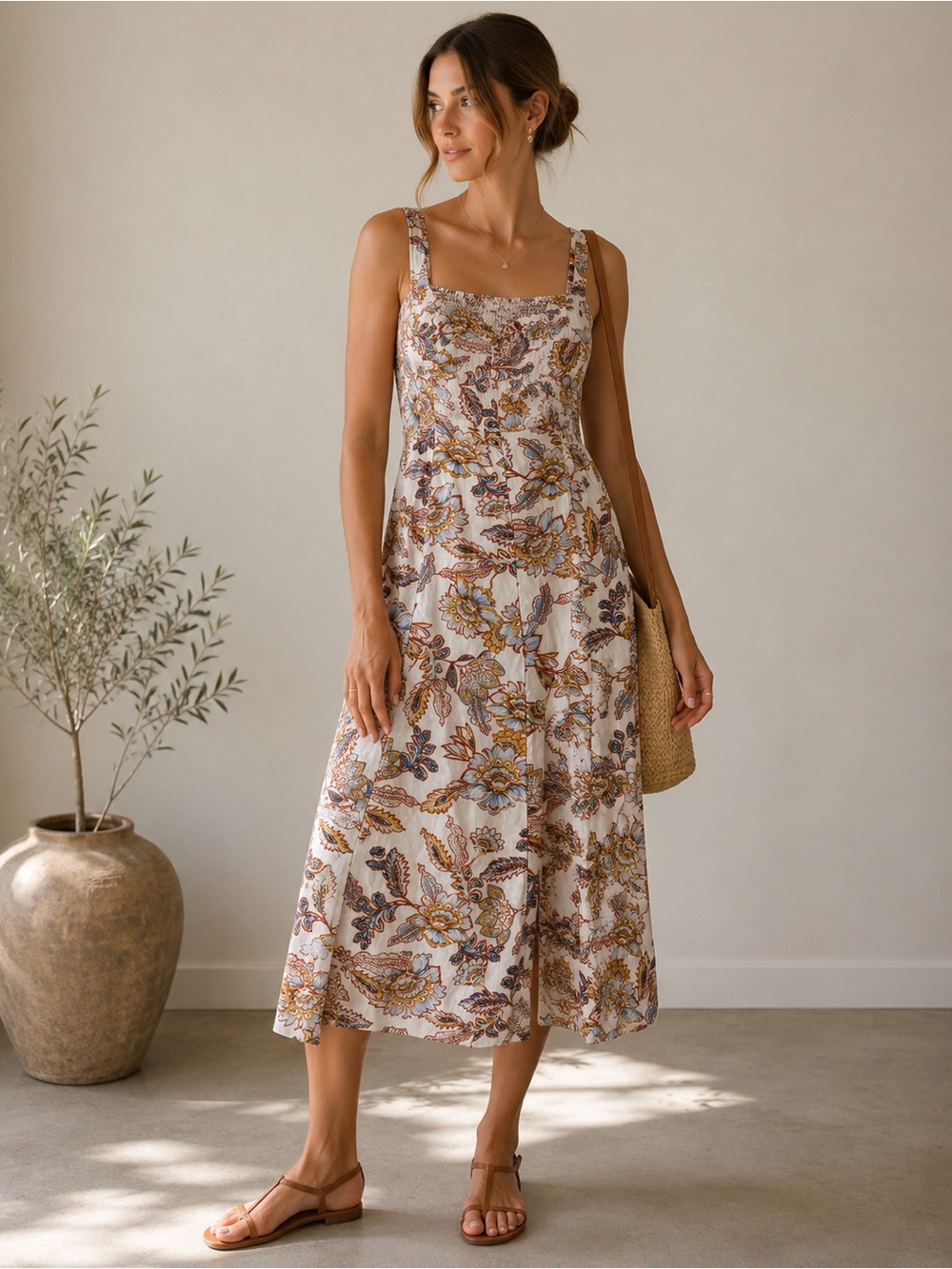 Old Navy Floral Midi Dress in Cream, Tan, Blue